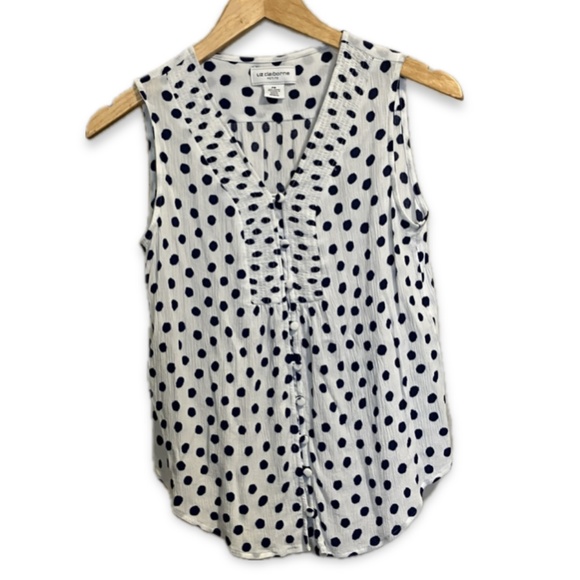 Liz Claiborne Blouse Dark Blue Polka Dots - Picture 1 of 4